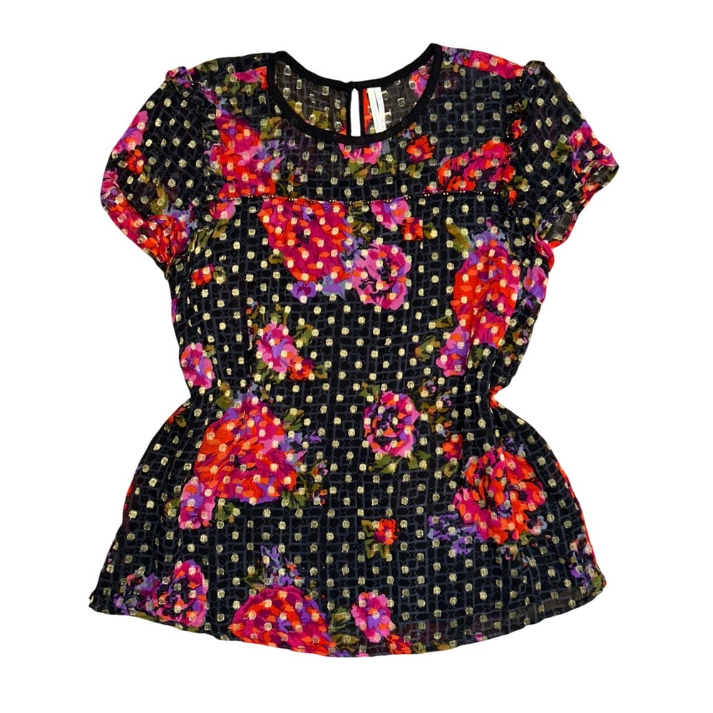 Anthropologie Floral Metallic Gold Polka Dot Blouse Black Red Rose Top 12
